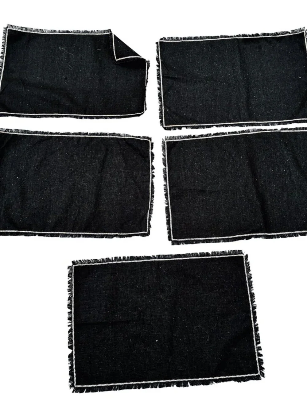 Black Placemats with Fringe Vintage Linen Blend Set of 5 18